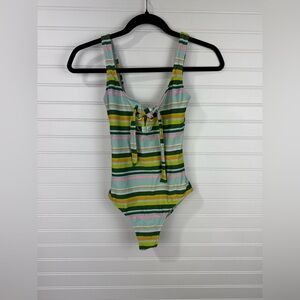 Aerie women’s one piece striped swimsuit with front tie lacing. Size XS